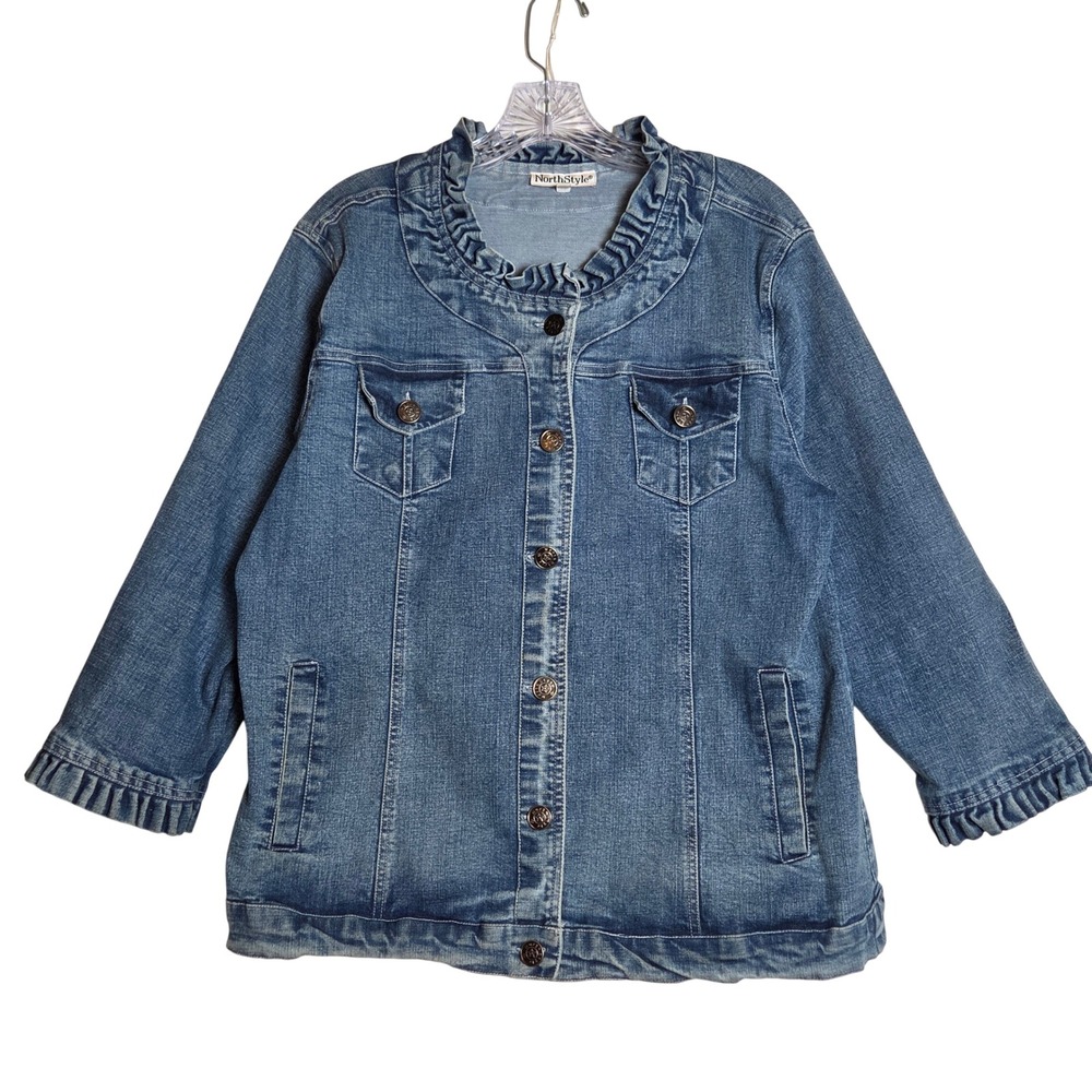 NorthStyle Denim Jacket Large Blue Ruffle Trim Stretch Button Front Cottagecore